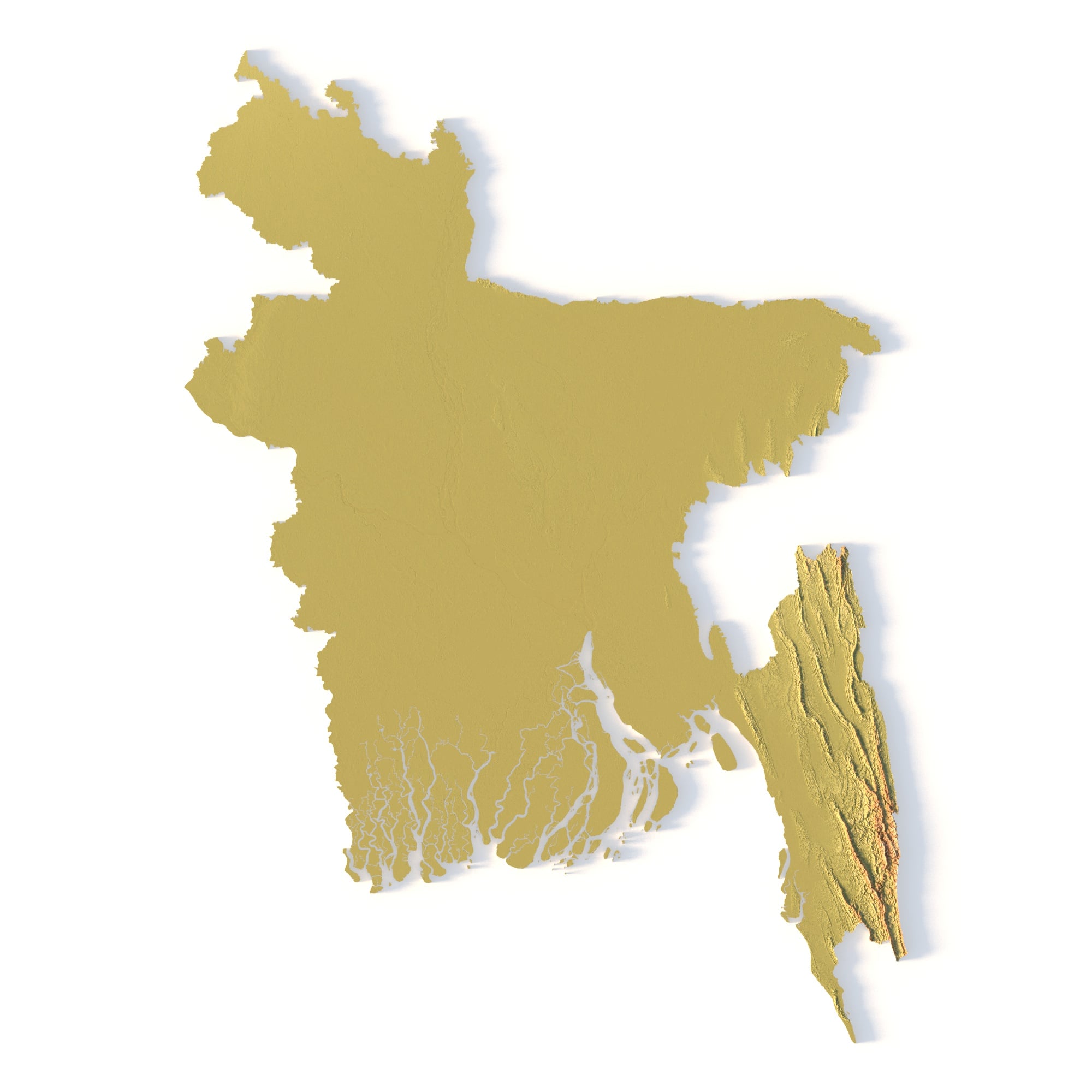 Bangladesh Topographic STL Map – Front View 3D terrain model of Bangladesh in STL format, front view