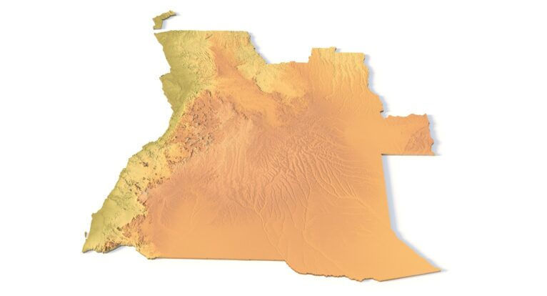 Angled terrain surface view of Angola 3D map