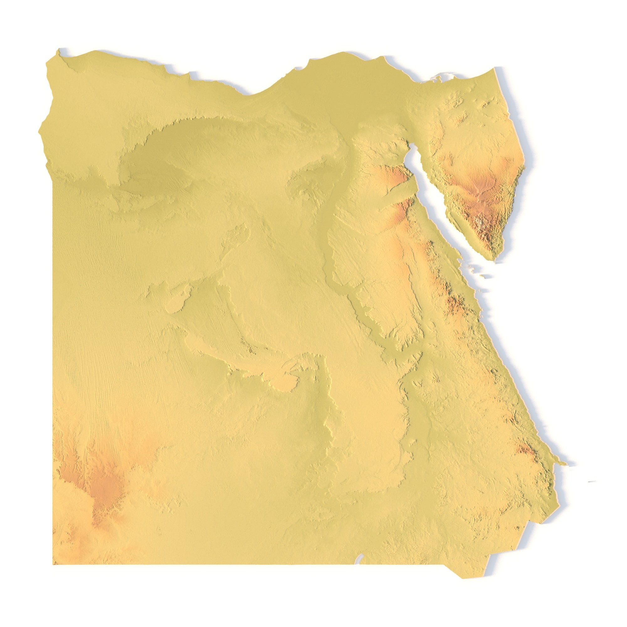 Egypt Topographic STL Map – Front View 3D terrain model of Egypt showing Nile Valley and deserts