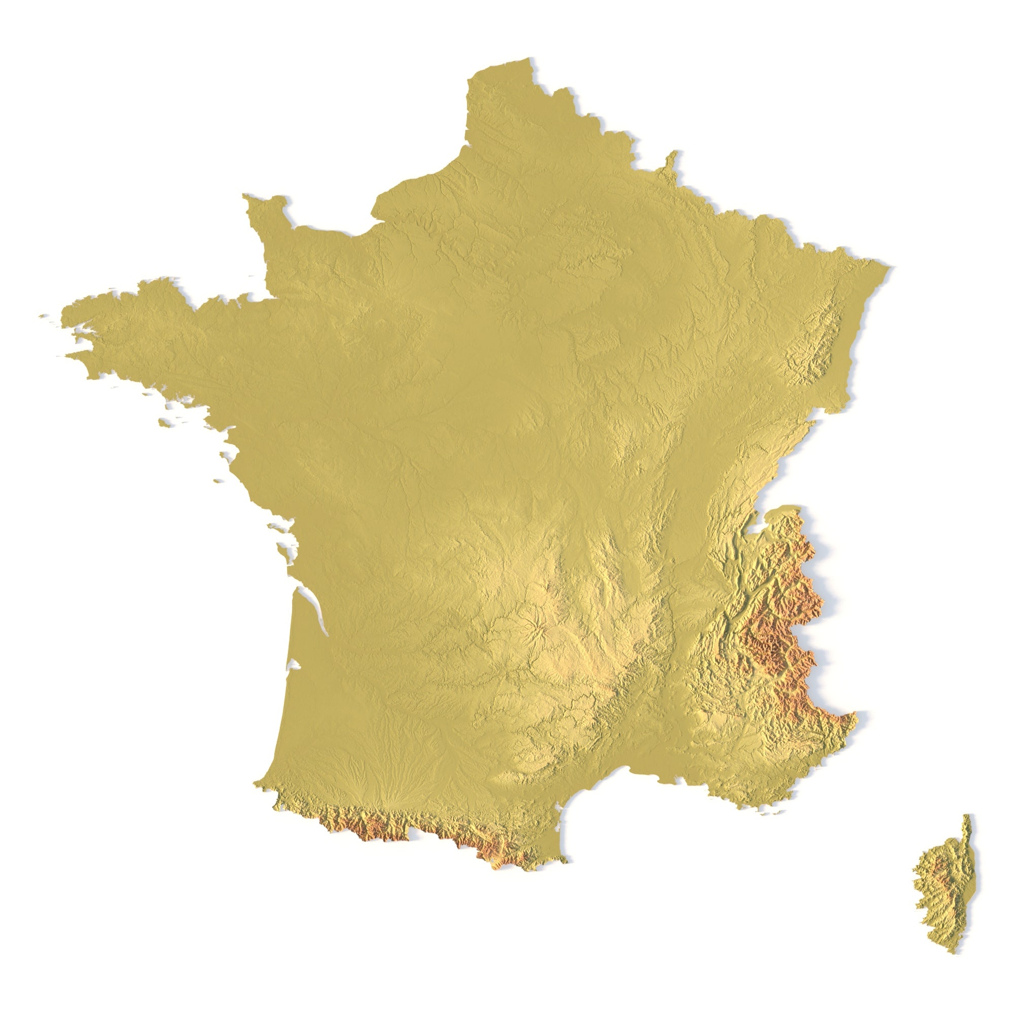 France Topographic STL Map – Front View STL file of France’s topography for CNC and 3D printers
