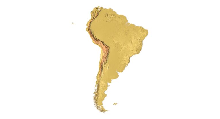 South America topographic map in Mercator Projection, 3D printable STL