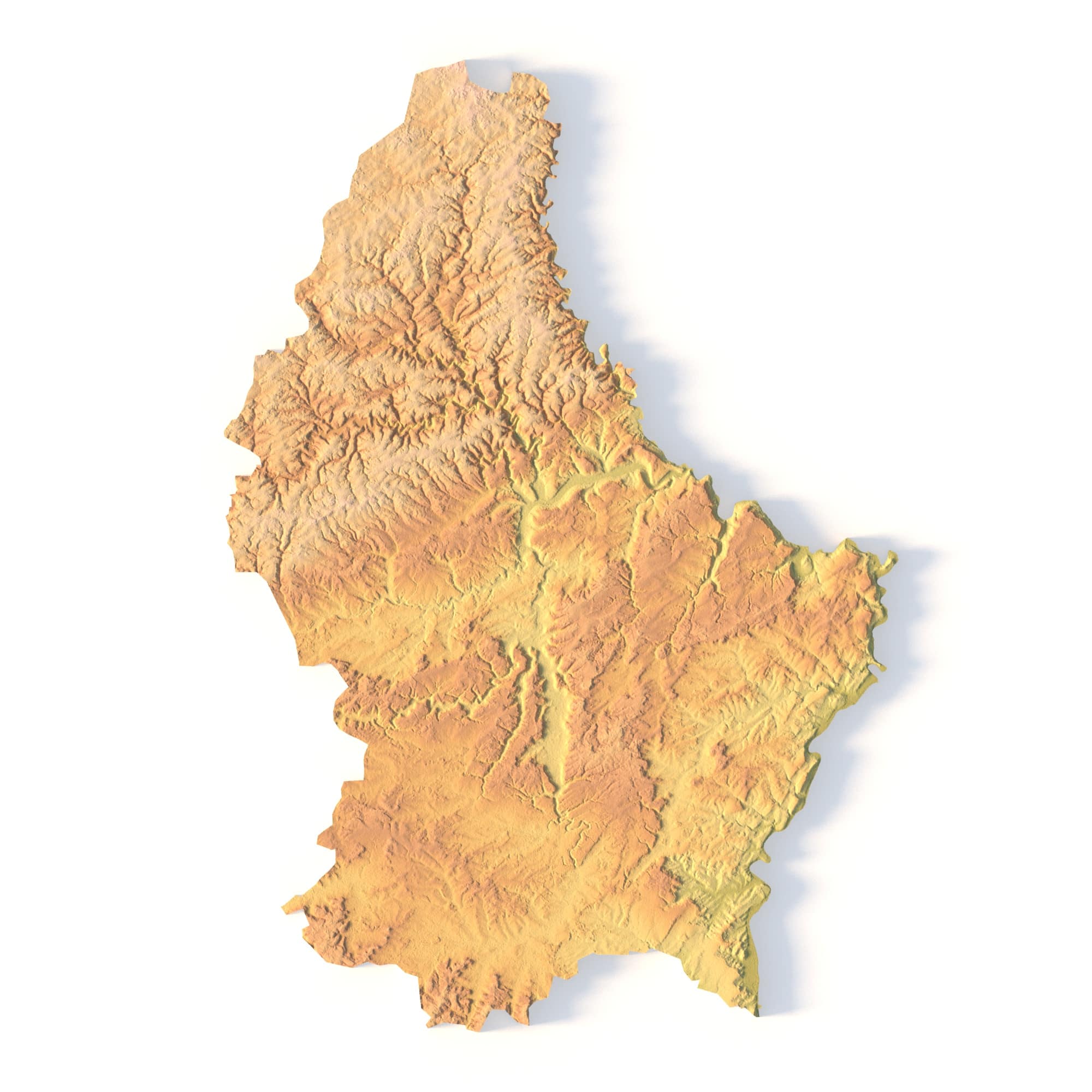 Luxembourg Topographic STL Map – Front View 3D terrain model of Luxembourg in STL format, front view