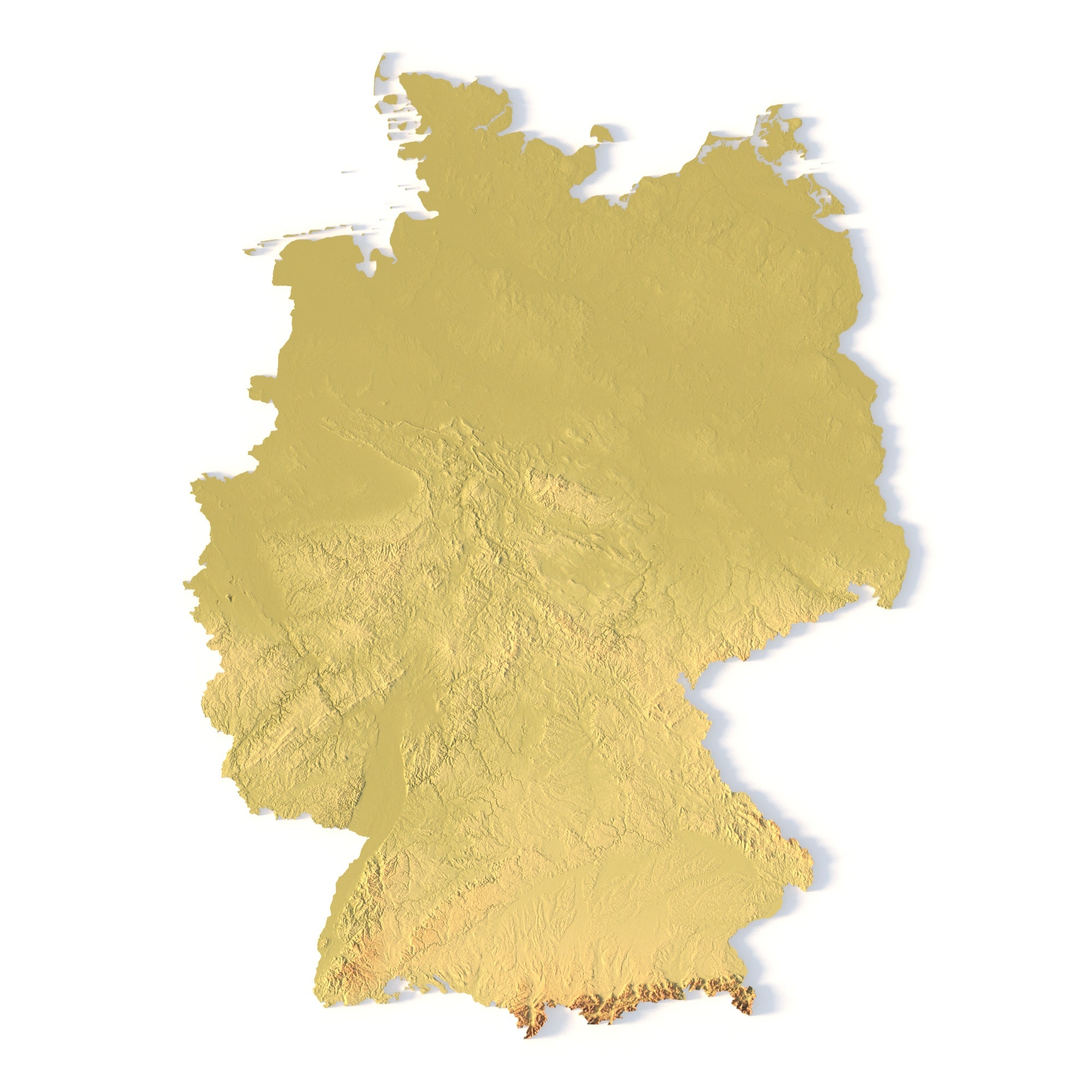 Germany Topographic STL Map – Front View 3D terrain model of Germany in STL format, front view
