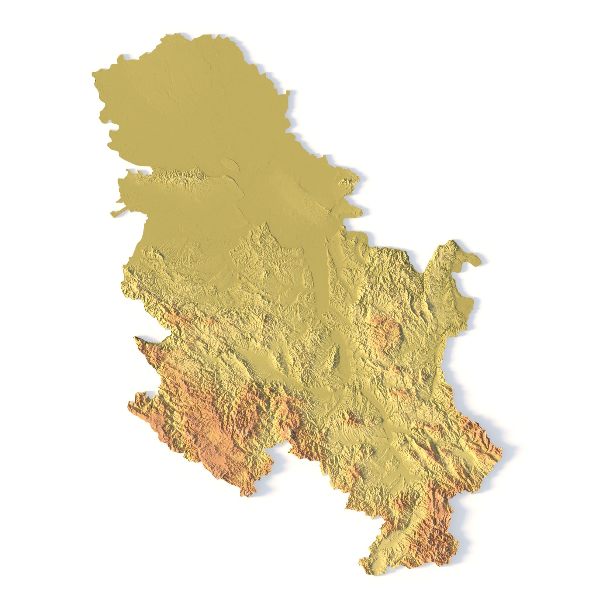 Serbia Topographic STL Map – Front View 3D terrain model of Serbia in STL format, front view