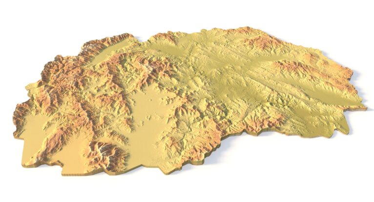 Isometric view of North Macedonia’s 3D terrain STL map