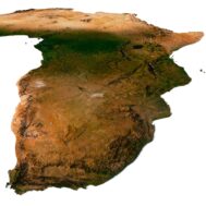 3D model showcasing Africa's geographical features and topographic layers.