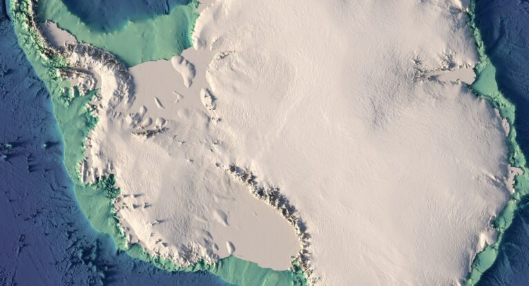 A detailed view of Antarctica's elevation map with visible contours and terrain variations.
