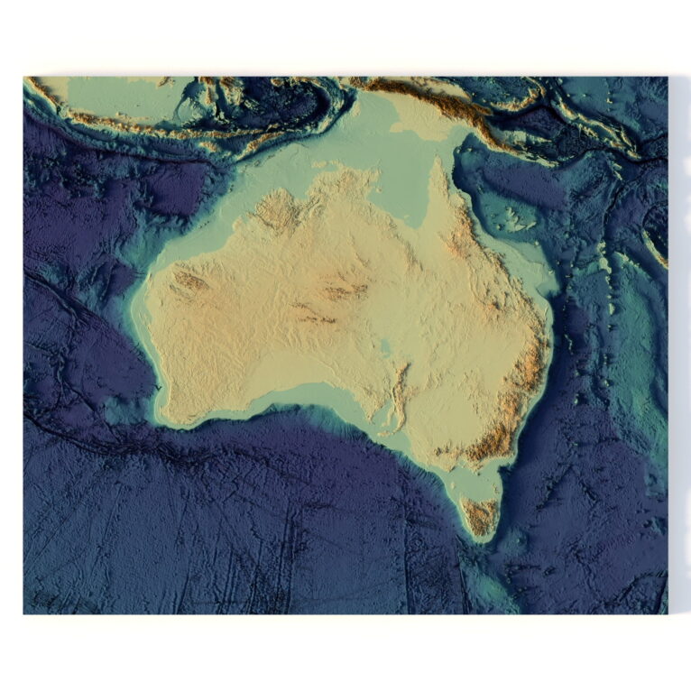 A high-precision 3D model of Australia’s terrain showcasing elevation and landform details.