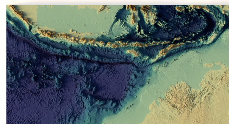 A complete 3D model of Australia’s terrain, highlighting diverse topographical features and elevation changes.