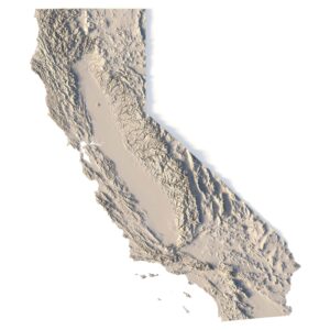 3D topographic model of California designed for CNC machining and 3D printing, showing mountain ranges and valleys.