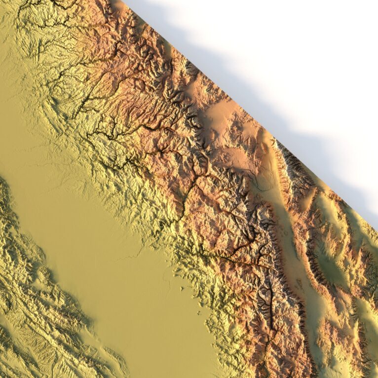 Relief map of California in STL format, perfect for creating raised terrain models with detailed landforms.
