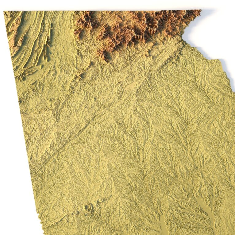 3D topographic model of Georgia designed for landform visualization and physical geography projects.