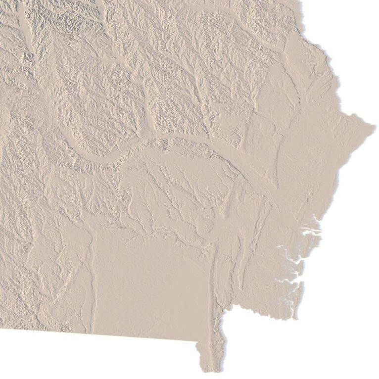 Detailed elevation data in the Georgia topographic map STL model, suitable for 3D printing and CNC machining.