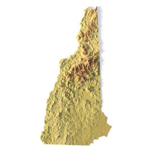 3D model of New Hampshire’s topographic map showing detailed elevation and terrain features.