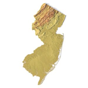 3D model of New Jersey’s topographic map showing detailed elevation and terrain features.