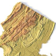 3D topographic model of New Jersey designed for landform visualization and educational purposes.