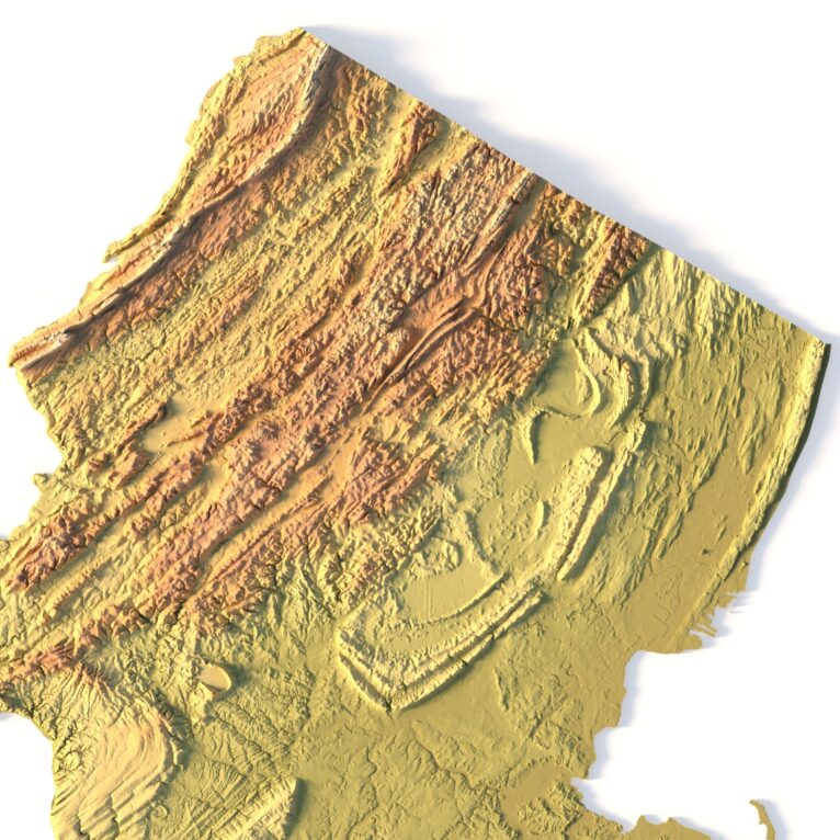 3D topographic model of New Jersey designed for landform visualization and educational purposes.