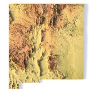 3D model of New Mexico’s topographic map showing detailed elevation and terrain features.