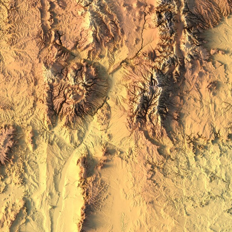 3D topographic model of New Mexico designed for landform visualization and educational purposes.