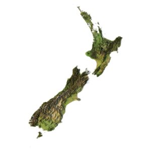 3D model of New Zealand’s elevation, showcasing detailed topography for graphic design and educational use.