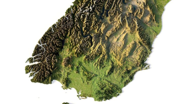 A 3D elevation model of New Zealand with accurate data, ideal for terrain visualization and geospatial analysis.