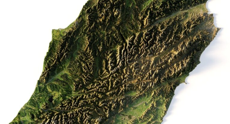 New Zealand’s topographic map in 3D, capturing detailed elevation data for landscape modeling and cartographic visualization.
