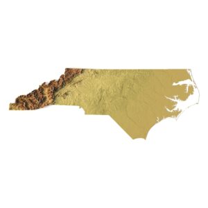 3D model of North Carolina’s topographic map showing detailed elevation and terrain features.