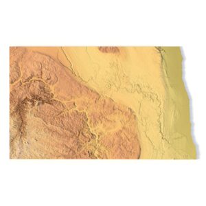 3D model of North Dakota’s topographic map showing detailed elevation and terrain features.