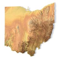3D model of Ohio’s topographic map showing detailed elevation and terrain features.