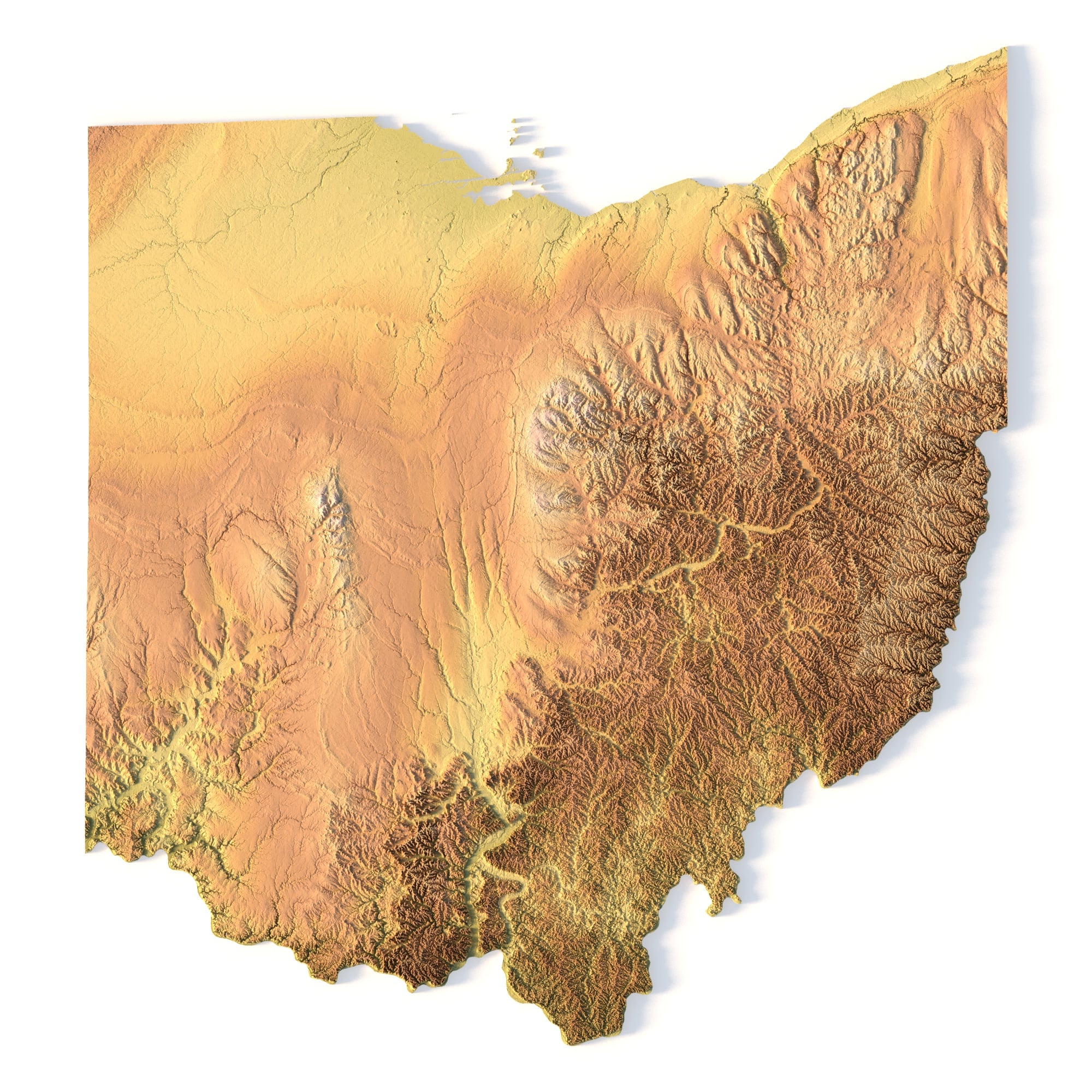 Ohio Topographic Map 3D Model 3D model of Ohio’s topographic map showing detailed elevation and terrain features.