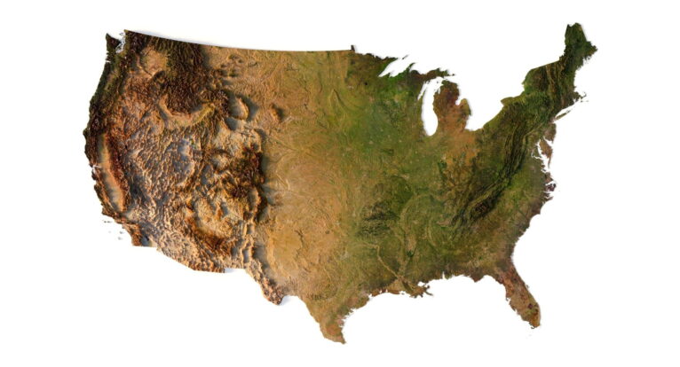 USA map in 3D with elevation, normal maps, and satellite textures.