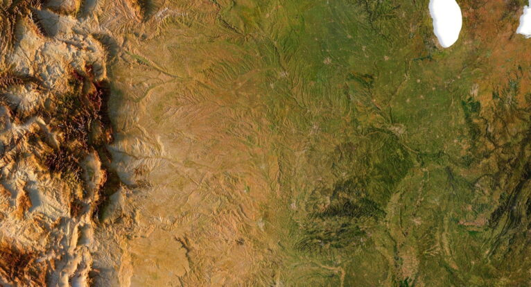 3D model of the United States showing terrain elevation and relief.