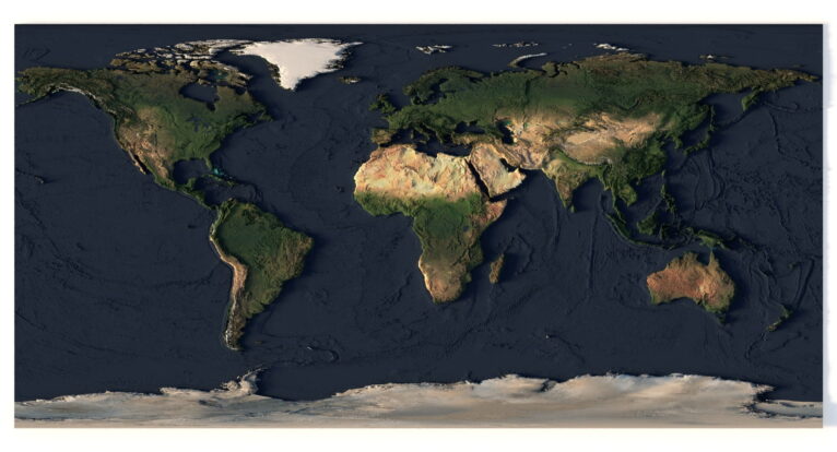 A 3D world map model showing a global view with detailed topography.