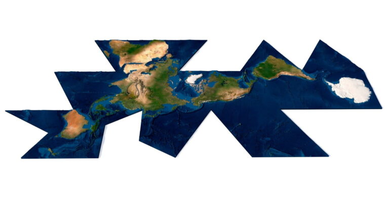 Dymaxion Airocean world map with a 3D perspective of the Earth’s continents.