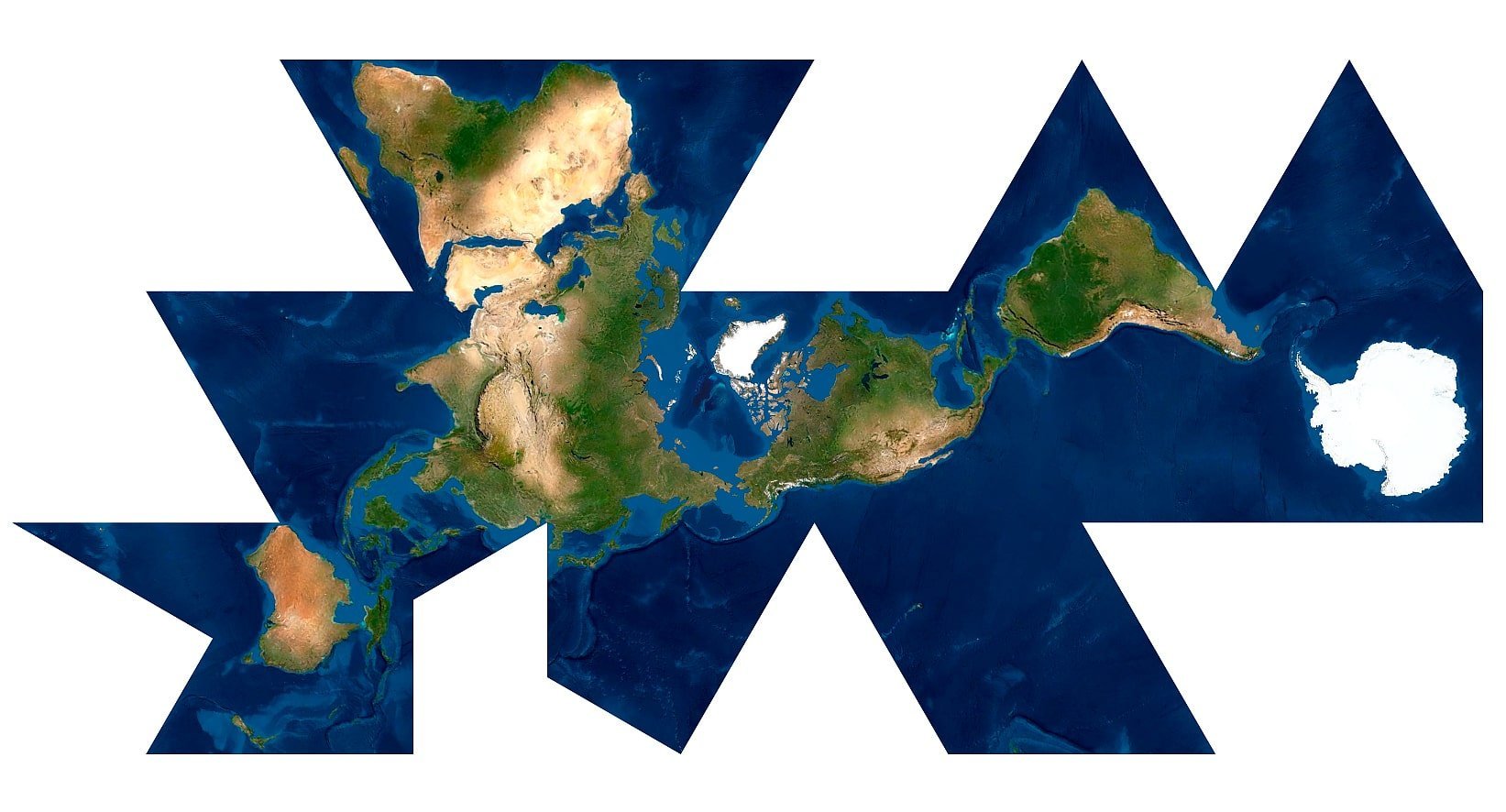 Dymaxion World Map Overview Overview of the Dymaxion World Map in 3D, showing Earth’s continents in an unfolded projection.