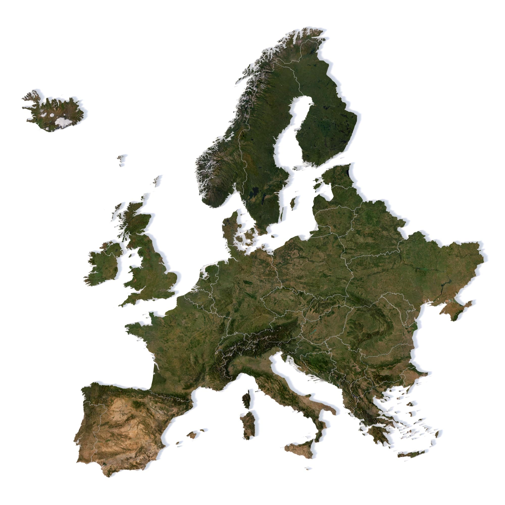 Europe 3D Map - High-Resolution Physical Terrain Model for Visualization Detailed 3D relief map of Europe showing the Alps and Scandinavian Mountains