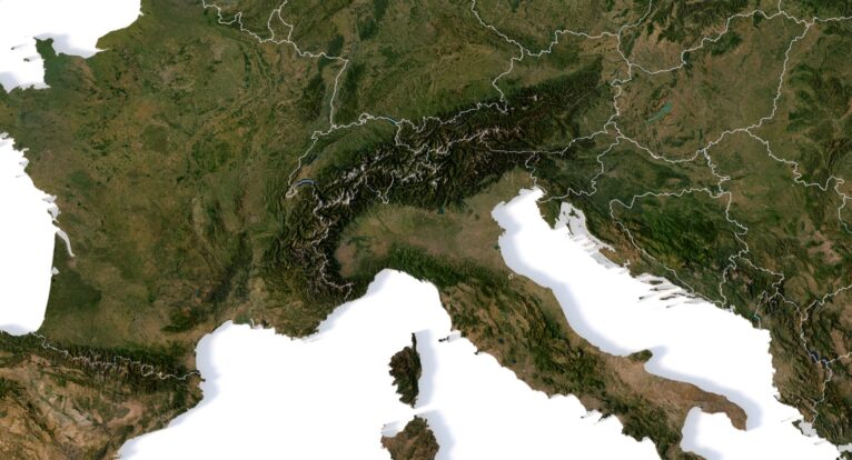 3D topographic map of Southern Europe featuring the Pyrenees, Apennines, and Balkans