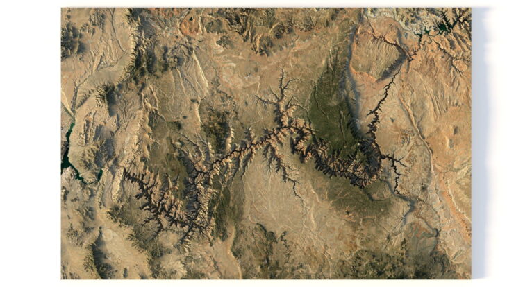 Close-up of the Grand Canyon’s ridges and valleys in a 3D model.