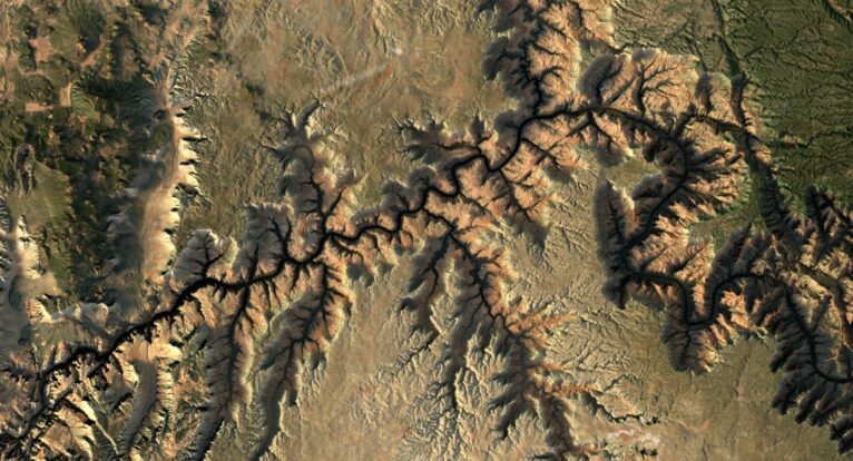 A topographic view of the Grand Canyon 3D map highlighting ridges, valleys, and elevation changes.