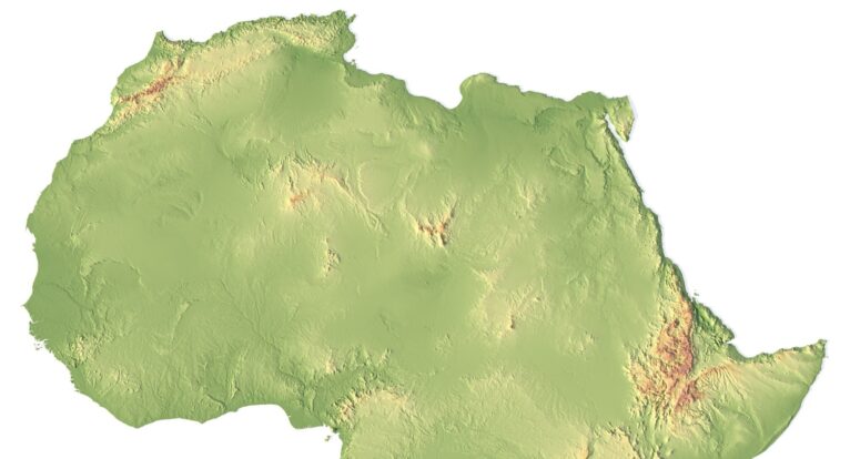 Africa’s geography depicted in a 3D model, showcasing its terrain and elevation data for educational purposes.