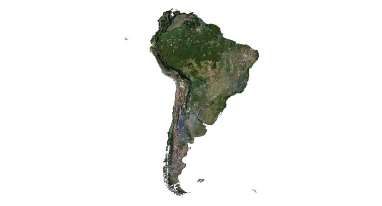 High-resolution 3D map of South America showing mountains and rivers.