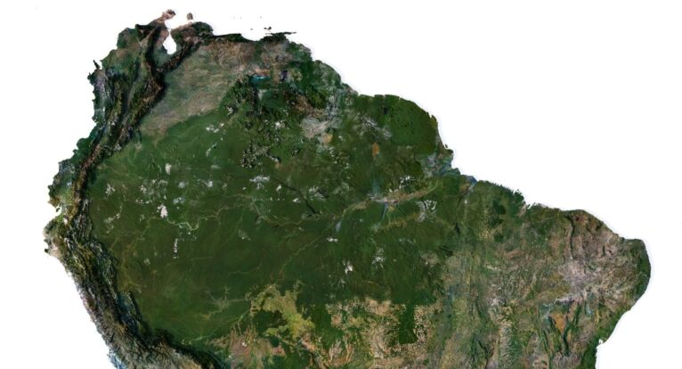Accurate topographic model showing valleys and diverse terrains in South America.