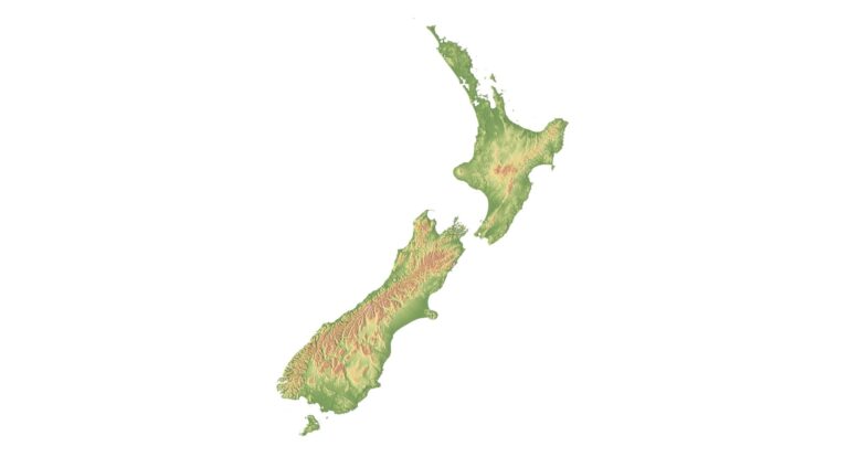 A precise digital terrain model representing the geographical features of New Zealand, suitable for cartographic design and landform representation.