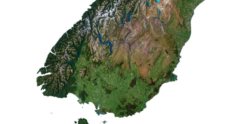 New Zealand’s topography visualized in 3D, showcasing elevation data and geographical features for educational and creative use.