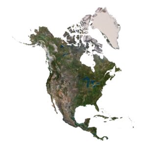 A digital elevation model of North America displaying terrain features, including mountains and flatlands.