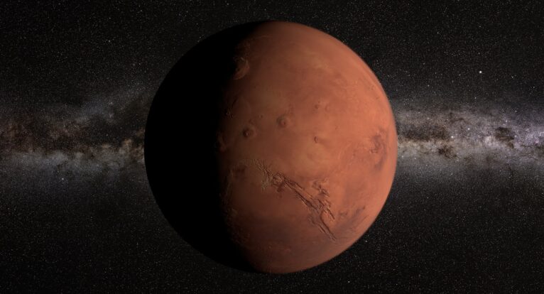 Detailed geological features of Mars, including its massive volcanoes and deep valleys, as represented in the 3D model.