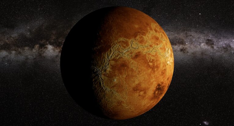High-detail texture of Venus’ surface, showing volcanic formations and atmospheric layers in the 3D model.