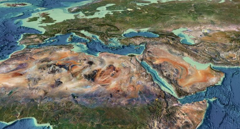 High-resolution satellite imagery displayed in the World Earth Map 3D model.