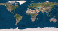 Flat 3D map of Earth with detailed landforms and accurate geographic features.