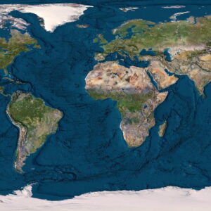 Flat 3D map of Earth with detailed landforms and accurate geographic features.